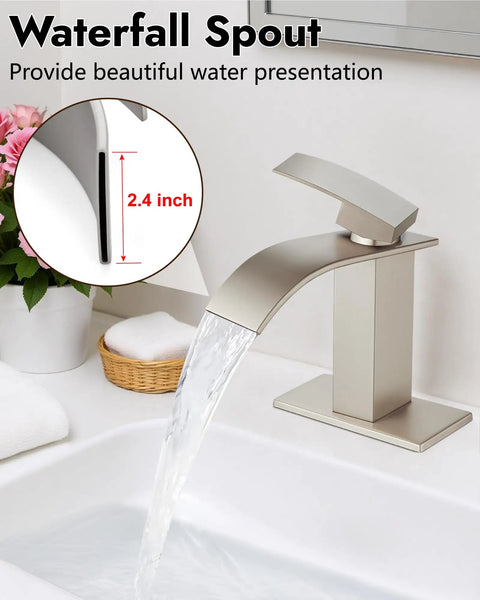 Waterfall Spout Bathroom Faucet With Single Handle 1 Hole Mount Modern RV Lavatory Vanity Basin Tap Brushed Nickel Finish