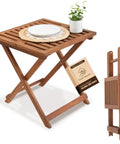 Folding Wooden Side Table, Portable And No Assembly Needed, shown set up with plant and plate, Golden Teak Finish Acacia Wood