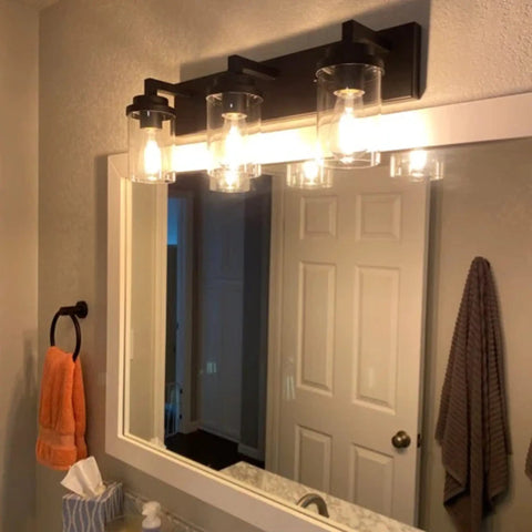 3 Light Dope Vintage Industrial Vanity Lights Over Mirror In Black Finish With Clear Glass Shades Modern Wall Sconce