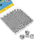Top Shelf 112 Pack 1/4 20 Hex Lock Nuts Cut From Pure 304 Stainless Steel Featuring Nylon Inserts For Killer Anti Vibration Grip On Every Home Shop Build in a clear container.