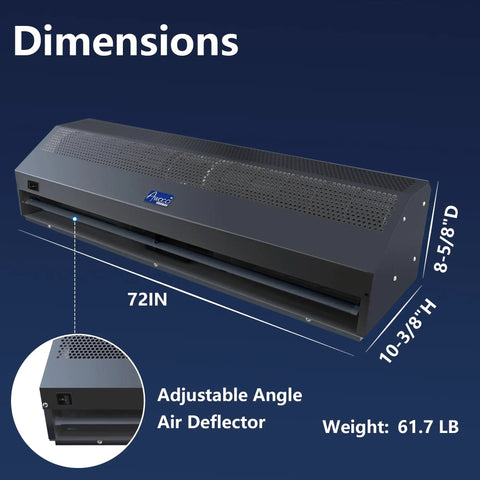 72 Inch Black Commercial Air Curtain, 2350 CFM Heavy Hitter Indoor Entrance Fan with adjustable air deflector dimensions.