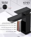 Close-up of matte black single handle bathroom sink faucet in stainless steel vanity with pop up drain stopper and flexible water supply hoses