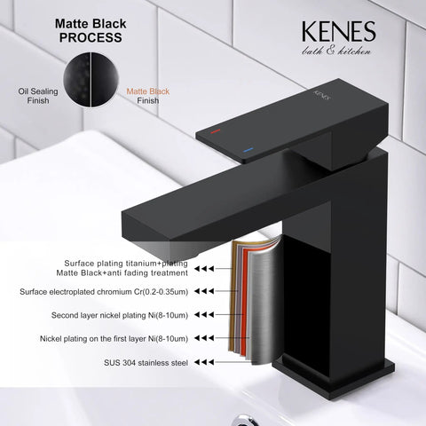 Close-up of matte black single handle bathroom sink faucet in stainless steel vanity with pop up drain stopper and flexible water supply hoses