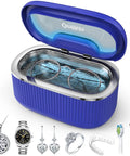 No Fuss 45KHz Ultrasonic Cleaner Tank For Jewelry Glasses Retainers And Dentures Featuring 35W Power in sapphire blue with rings inside.