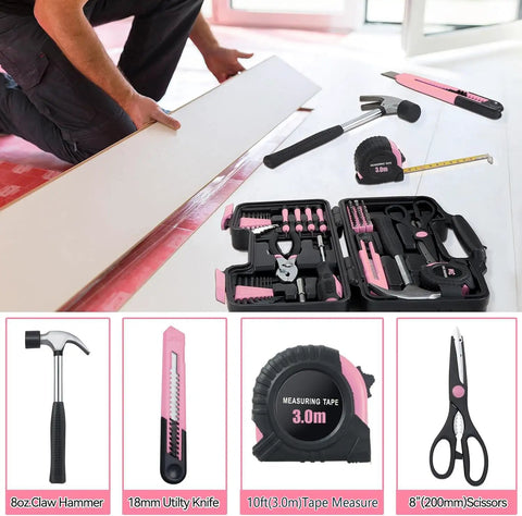 58 Piece Household Tool Set With Pink Plastic Toolbox Case For Everyday Home Repairs And DIY Projects, Includes Hammer, Pliers, Screwdrivers, Tape Measure, And More, All Purpose Tools, Ideal Starter Kit For Women And Beginners displayed with man measuring wood board