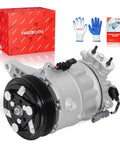 Top Shelf AC Compressor With Clutch Knocks Out Road Heat Fast And Keeps Your Rides Interior Ice Cold For Chevy Impala Buick Lacrosse Gmc Equinox V6 Or L4 Sedan Fwd Direct Fit Replacement with packaging and gloves.