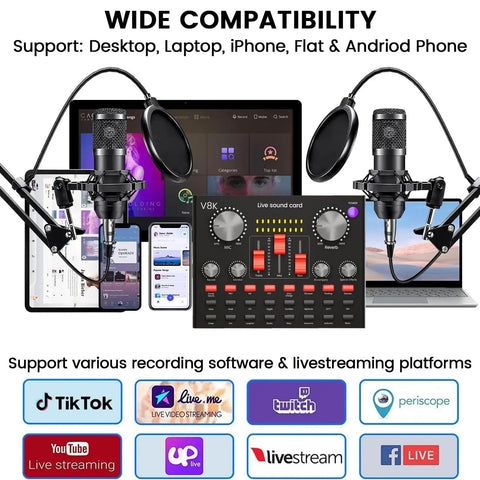Two-Mic Podcast Studio Bundle With Dual BM800 Cardioid Condenser Mics, Pop Filters, Adjustable Desk Arm Stands, and Live Sound Card