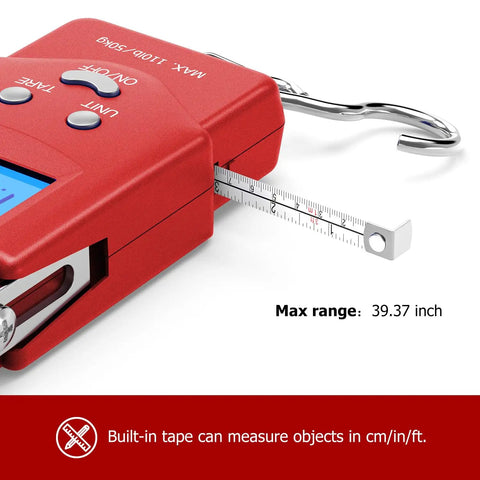 Digital Luggage Scale 110 Lb With Tape And Stainless Steel Hook Ultra Accurate For Travel And Fishing A Super Handy Weighing Tool For Baggage Or Gear Everyday Carry. Red digital luggage scale with built-in tape and stainless steel hook, 39.37-inch max range.