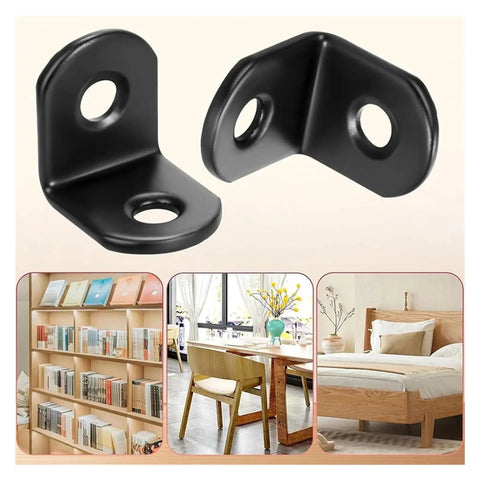 Heavy Duty Black Stainless Steel Corner Braces For Furniture And Shelving Legit Rock Solid Right Angle Hardware With Screws in black finish.