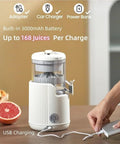 Cordless Electric Citrus Juicer For Lemons And Oranges With Rechargeable Battery shown charging with USB, portable and easy to use.