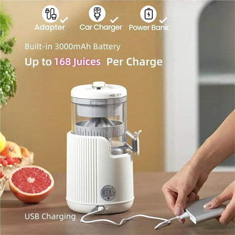 Cordless Electric Citrus Juicer For Lemons And Oranges With Rechargeable Battery shown charging with USB, portable and easy to use.