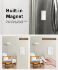Wireless Remote Outlet With Decorator Rocker Wall Switch 200 Foot Long Range Plug And Play Mini Remote Plug 15 Amp showing built-in magnet on fridge and wall setup