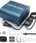 Air Assist Pump For Laser Engravers And Cutters With Adjustable 0 To 30 Lpm Airflow, metal unit with accessories, front view