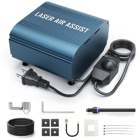 Air Assist Pump For Laser Engravers And Cutters With Adjustable 0 To 30 Lpm Airflow, metal unit with accessories, front view