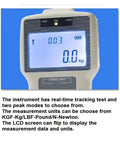 Push Pull Position Force Meter Tension Tester 5N To 100N KGF LBF N Newton For Compression Real Time Tracking With Two Peak Modes Flip LCD Display And Wide Range Metrics, front LCD view