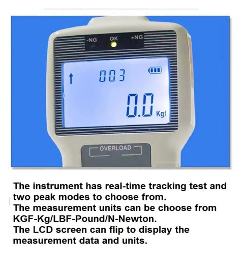 Push Pull Position Force Meter Tension Tester 5N To 100N KGF LBF N Newton For Compression Real Time Tracking With Two Peak Modes Flip LCD Display And Wide Range Metrics, front LCD view
