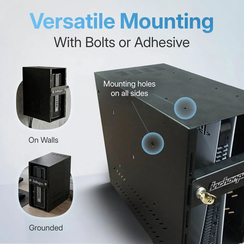 Rock Solid Gaming Console Security Enclosure And Tower Computer Lock Box With Heavy Duty Steel Anti Theft Cabinet Keyed And Wall Or Desk Mount Setup, showing mounting options.