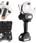 Cordless Hydraulic Cable Cutter With Dual Batteries for Copper and Aluminum Cables Up to 75mm next to carry case and accessories