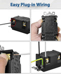 Back view of Weatherproof GFCI Outlet 15 Amp Black Receptacle with wiring illustration