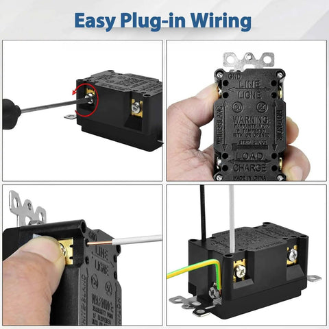 Back view of Weatherproof GFCI Outlet 15 Amp Black Receptacle with wiring illustration