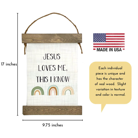 17x9.75 inch Jesus Loves Me This I Know Hanging Canvas For Kids Boho Rainbow Nursery Decor, made in USA, wood frame.
