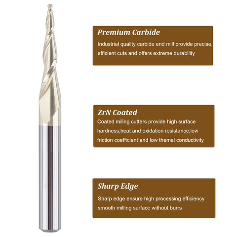 SpeTool tapered ball nose end mill with 1/4-inch shank and 1/32-inch radius, ZrN coated for 3D carving