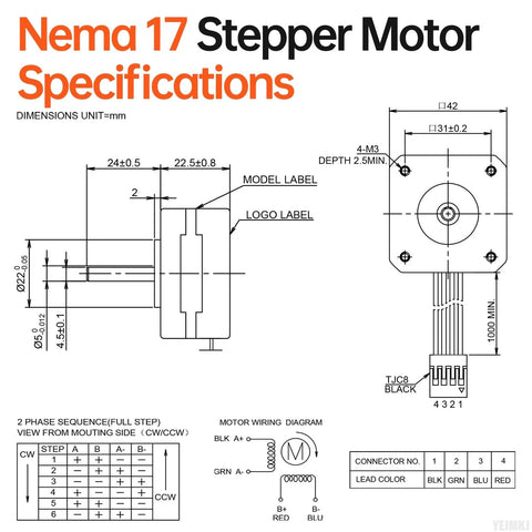 Nema 17 stepper motor specifications diagram showing front and side views with dimensions and wiring layout