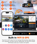 Image showing Dual Dash Cam For Your Ride with 5G WiFi connectivity and GPS features displayed on phone and laptop screens.