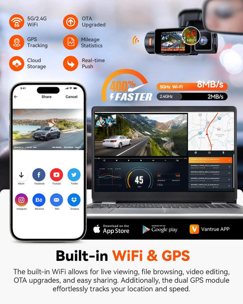 Image showing Dual Dash Cam For Your Ride with 5G WiFi connectivity and GPS features displayed on phone and laptop screens.