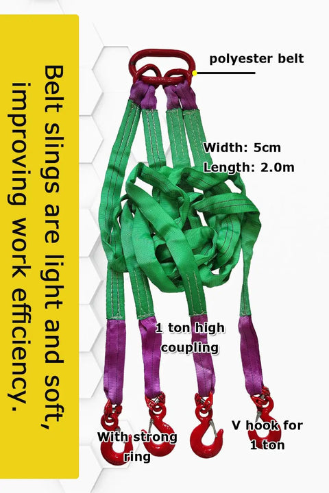 Four Leg Web Sling Belt Type with Hook 6.5Ft 6610Lb Working Load Limit Polyester Lifting Sling displayed front view