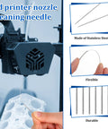 Ten Piece Stainless Steel 3D Printer Nozzle Cleaning Kit With Precision Needles From 0.15 To 1.0mm shown in use and components.