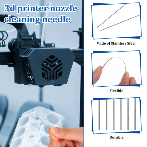 Ten Piece Stainless Steel 3D Printer Nozzle Cleaning Kit With Precision Needles From 0.15 To 1.0mm shown in use and components.
