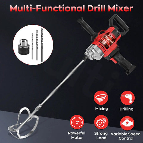 Power Drill Mixer 3200W 110V Corded Concrete Mixer With Variable Speed shown with attachments for mixing and drilling