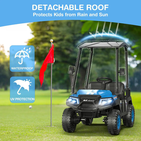 Big Kid Approved 24V Electric Ride On Car Crew Ready 4 Seater Kids Golf Cart With Full Seatbelts rear view with detachable roof.