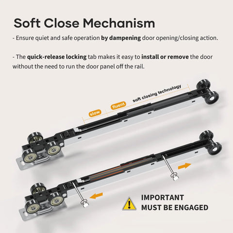 Close-up of soft close mechanism for 30X80 Inch Pocket Door Frame Kit With Two Way Soft Close For 2X4 Stud Walls Aluminum Track Sliding Hardware.