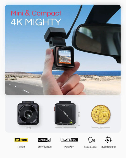 4K Mini Dash Cam with 158 Degree Wide Lens held by hand in car, featuring IPS screen, highlighting its compact size and capabilities.
