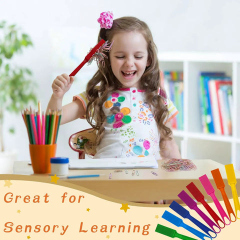 Child using Colorful Magnetic Bingo Wands Eight Piece Set Seven Point Eight Seven Inch Long Ideal For Bingo Chips Family Game Night.