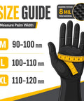 Size guide for Heavy Duty Black Nitrile Gloves Rock Solid 8 Mil Thick Disposable Latex Free Powder Free Work Gloves For Mechanics And Diy Jobs Box Of 100 Medium Size.