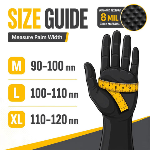 Size guide for Heavy Duty Black Nitrile Gloves Rock Solid 8 Mil Thick Disposable Latex Free Powder Free Work Gloves For Mechanics And Diy Jobs Box Of 100 Medium Size.