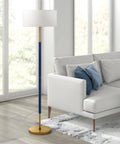 Two Light Floor Lamp With Fabric Drum Shade In Blue Brass White, 61 Inch Tall Standing Lamp For Living Room Office Or Bedroom