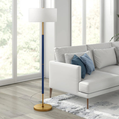 Two Light Floor Lamp With Fabric Drum Shade In Blue Brass White, 61 Inch Tall Standing Lamp For Living Room Office Or Bedroom