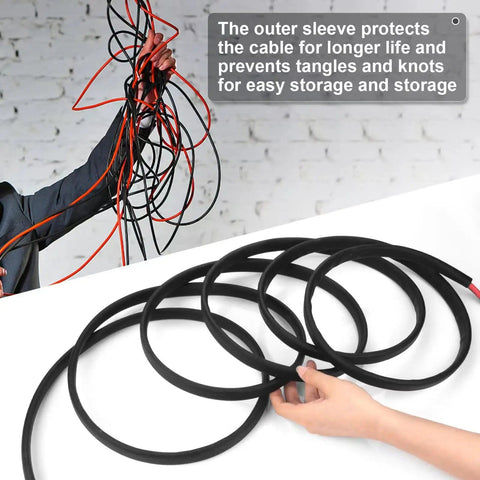 Heavy Duty 3 Foot 10AWG Solar Extension Cable with male and female connectors, coiled and anti-tangle sleeve shown
