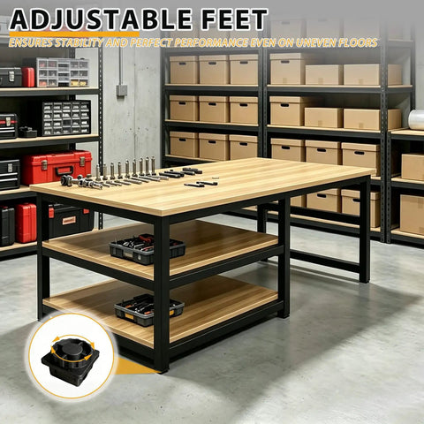 Heavy Duty Garage Workbench With Scratch Resistant Solid Wood Top And Lower Shelf For Toolboxes and Shop Gear, featuring adjustable feet.