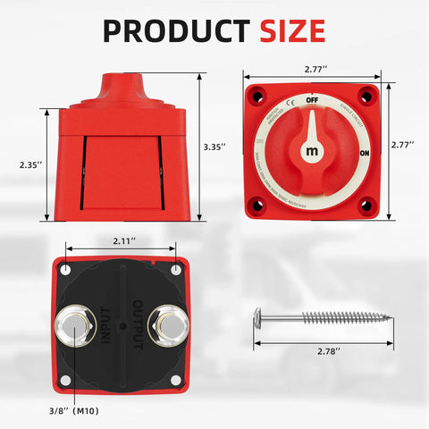 Beefy 12V 48V Battery Disconnect Switch With 300A Capacity, Ignition Protected On Off Kill Switch with details and dimensions.