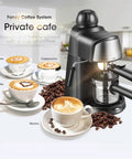 Compact Automatic Espresso Machine For Home Brewing Hot Or Iced Coffee With Built In Milk Frother And Steam Wand One Touch Dial Operation showing lattes and cappuccinos.