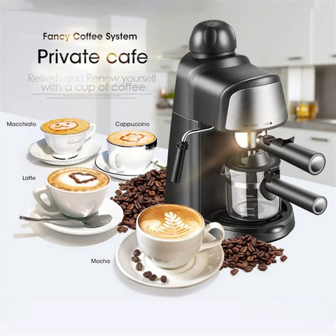 Compact Automatic Espresso Machine For Home Brewing Hot Or Iced Coffee With Built In Milk Frother And Steam Wand One Touch Dial Operation showing lattes and cappuccinos.
