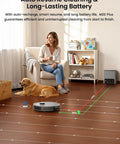 Woman in living room with dog watching LiDAR Robot Vacuum And Mop With 10000Pa Suction 75 Day Self Emptying Base cleaning floor