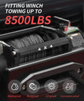 4x4 winch with Beefed Up Synthetic Winch Rope Kit 50 Foot One Quarter Inch Cable, 8500 lbs capacity displayed.