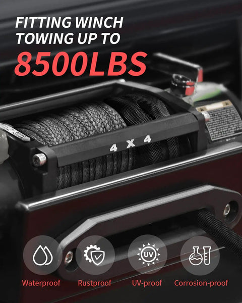 4x4 winch with Beefed Up Synthetic Winch Rope Kit 50 Foot One Quarter Inch Cable, 8500 lbs capacity displayed.