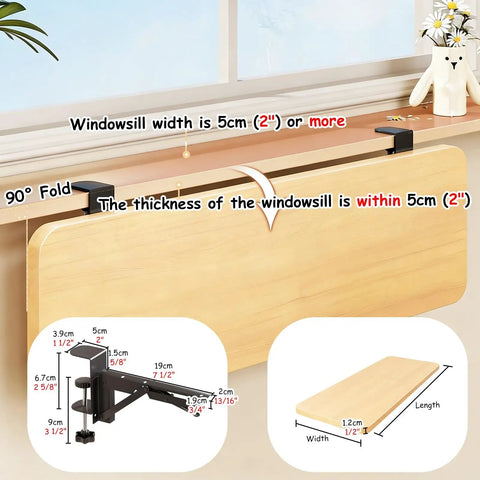 Foldable Wooden Window Sill Extender Wall Mounted Drop Leaf Extension Shelf For Compact Apartments with dimensions and folding feature.